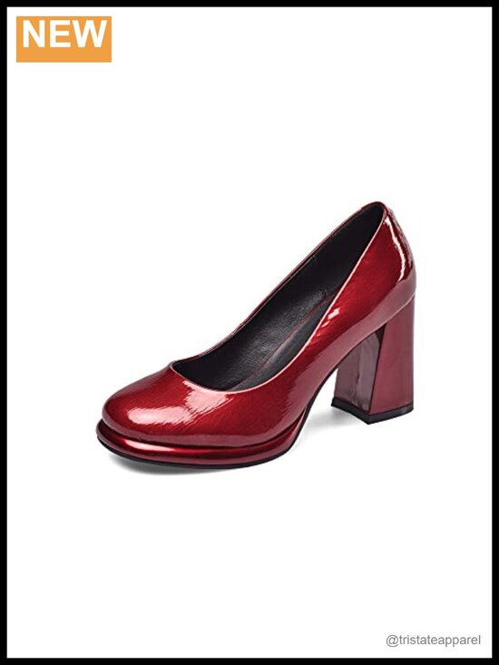 Shoes - Round Toe Chunky Block Heel Pumps Slip On Leather Work Shoes